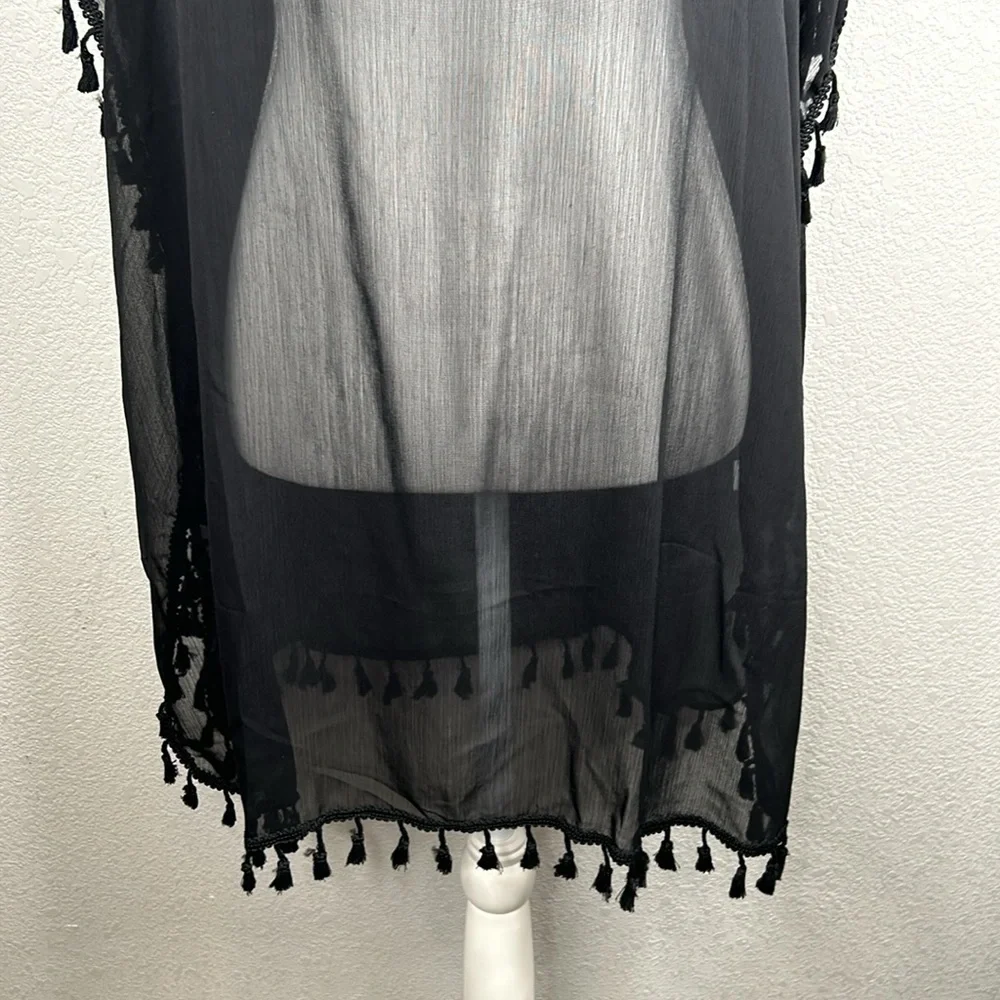 Boho Black Sheer Summer Cover-Up with Ball‎ Tassel Detail One Size New!